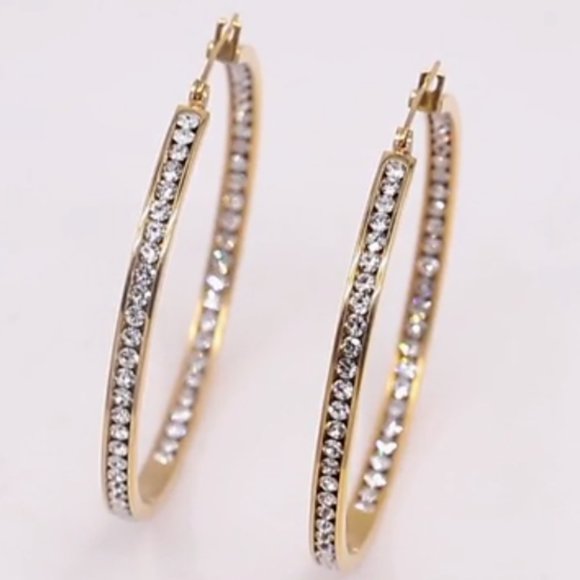 Big Clear Rhinestone Gold Hoop Earrings Sparkle Channel Hoops CZ Crystals New - Picture 4 of 5